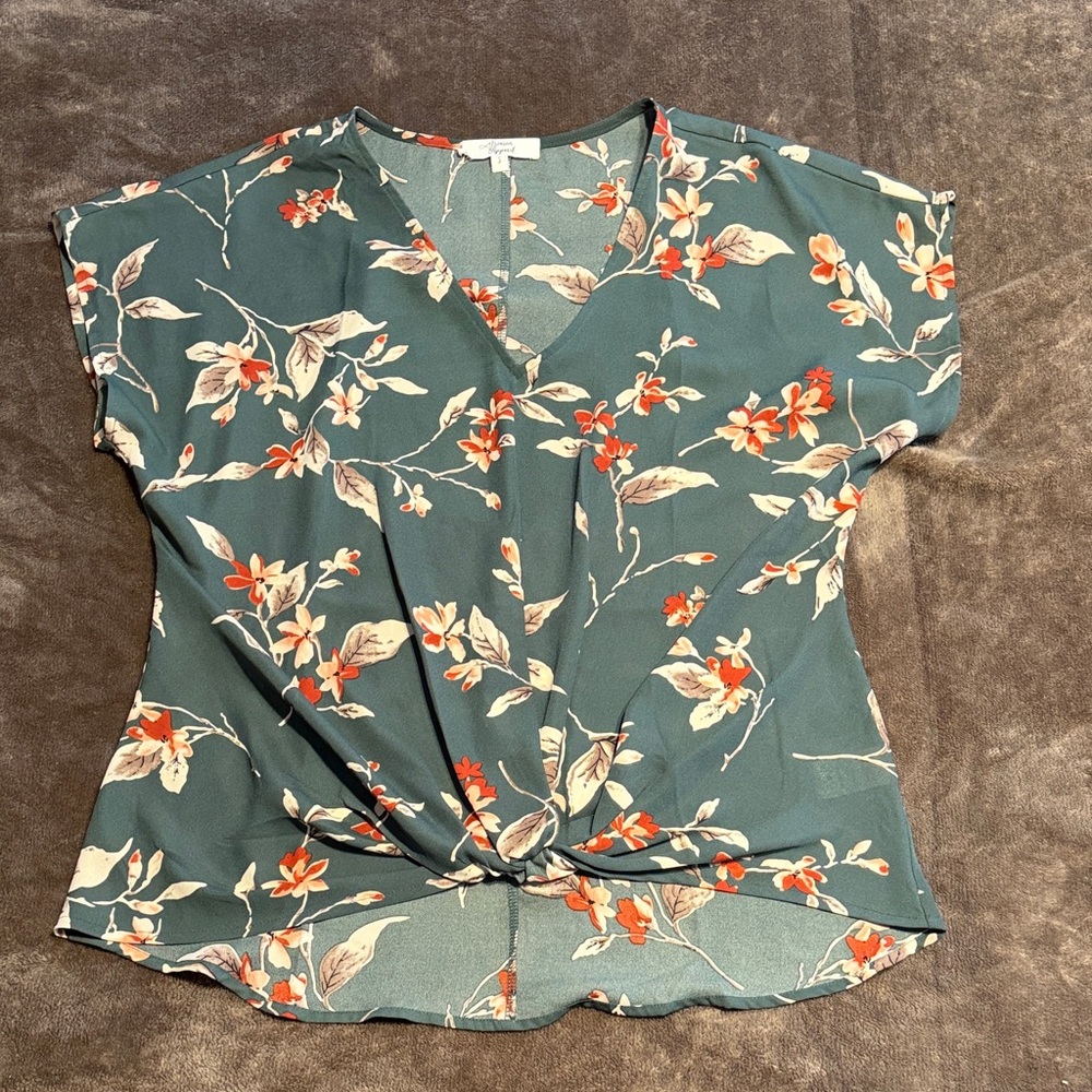 Beacon Teal Floral Twist-Front V-Neck Blouse